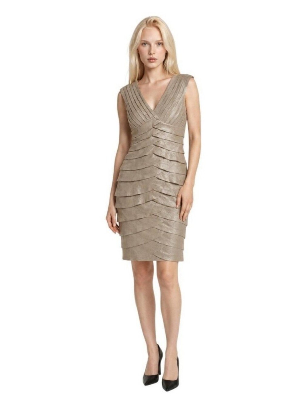 Adrianna Papell Champagne Ruffle Tiered Dress Sz 16. Wedding Guest Party